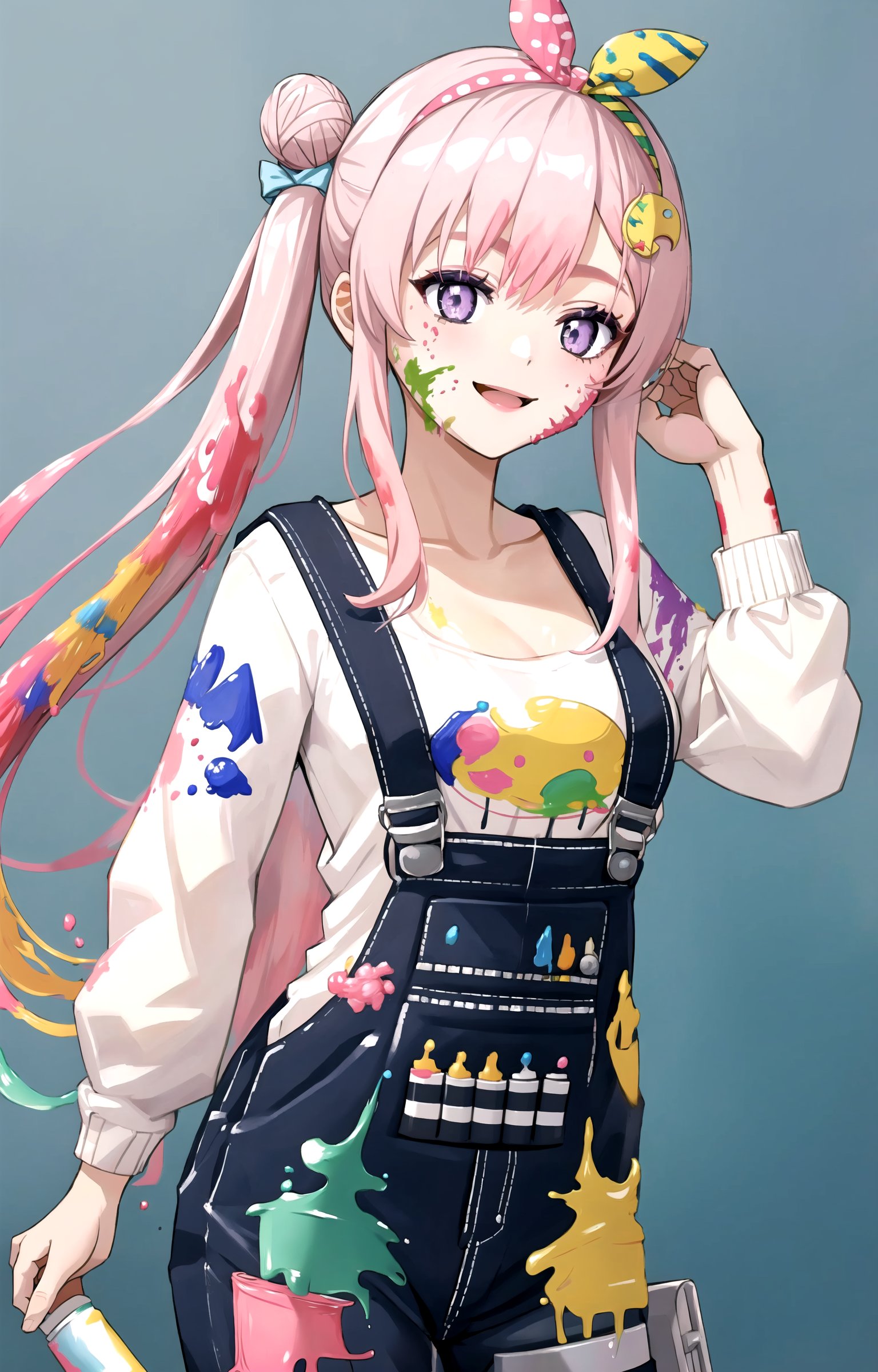 (masterpiece, top quality, best quality, official art, picture perfect, 8k:1.3), 1girl, solo, Airani, (looking at the viewer, cowboy shot:1.2), (side ponytail, single side bun, pink hair, long hair, hair band, hair ornament, purple eyes:1.5), (smile, closed mouth, medium breasts:1.2), (Airani Attire, blue overalls, white shirt, long sleeves, paint splatter, paint splatter on face:1.25),