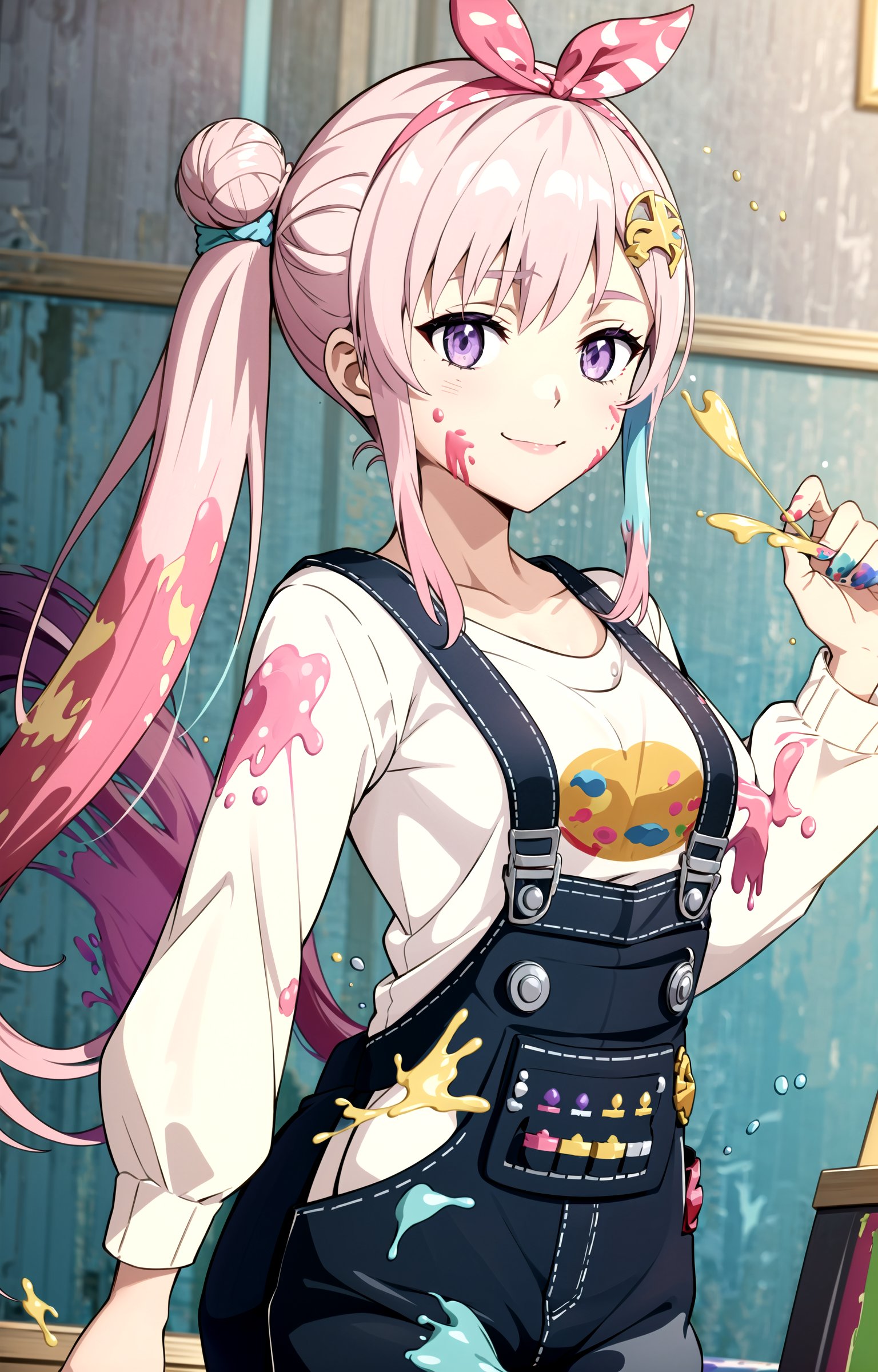 (masterpiece, top quality, best quality, official art, picture perfect, 8k:1.3), 1girl, solo, Airani, (looking at the viewer, cowboy shot:1.2), (side ponytail, single side bun, pink hair, long hair, hair band, hair ornament, purple eyes:1.5), (smile, closed mouth, medium breasts:1.2), (Airani Attire, blue overalls, white shirt, long sleeves, paint splatter, paint splatter on face:1.25),