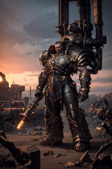 Photo of Ferrus in a desolate landscape with short hair wearing intricate ornamented metallic armor, with a full armored mech arms,  iron hands details, (1man:1.1), (big pipe:1.1), a ruined city looming in the distance. <lora:Ferrus MK1 by CARAXES:0.6>