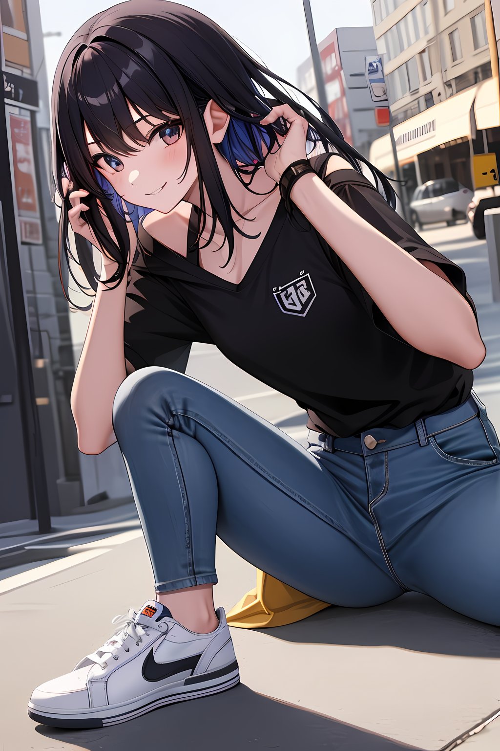 (absurdres, highres, ultra detailed, high resolution: 1.1)
BREAK
1 girl, solo, smile, on the big city,
BREAK
shirt, denim pants, sneakers,
BREAK
nice hands, perfect hands,