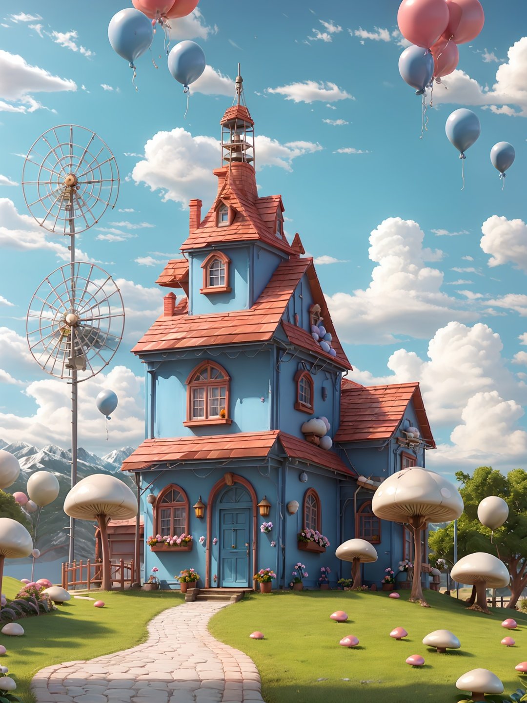 masterpiece,best quality,c4dchangjing\(c4d\),no humans,grass,sky,outdoors,house,day,cloud,scenery,flower,blue sky,building,balloon,tree,stairs,window,white flower,rock,road,bush,mushroom,ball,artist name,path,fence,chimney,mountain,windmill,chair,bridge,hill,bench,egg,door,signature,cloudy sky,<lora:c4dchangjing-000010:0.55>,