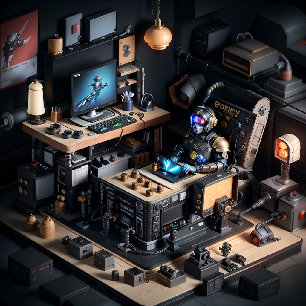 masterpiece,best quality,Male focus,boy,solo,necklace,computer,chair,jewelry,sitting,monitor,robot,table,lamp,instrument,controller,helmet,glove,TV,ball,book,mouse,room,cable,Mask,game console,microphone,keyboard (computer),facial hair,sex toy,box,armor,game controller,whole body,toy,bracelet,beard,The laptop,the ring,<lora:c4dchangjing-000010:0.55>,cyberpunk,film texture,strong contrast,film poster texture,starry_sky,