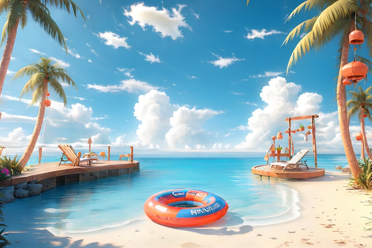 masterpiece,best quality,c4dchangjing\(c4d\),cloud,tree,sky,palm tree,outdoors,scenery,innertube,day,boat,chair,no humans,ocean,water,watercraft,lounge chair,blue sky,beach,lifebuoy,umbrella,pier,plant,beach umbrella,summer,beach chair,shadow,flower,cloudy sky,table,horizon,shade,dock,sand,bench,food,artist name,book,fruit,reflection,cup,lantern,bird,sunlight,island,surfboard,ladder,drink,shore,palm leaf,<lora:c4dchangjing-000010:0.65>,