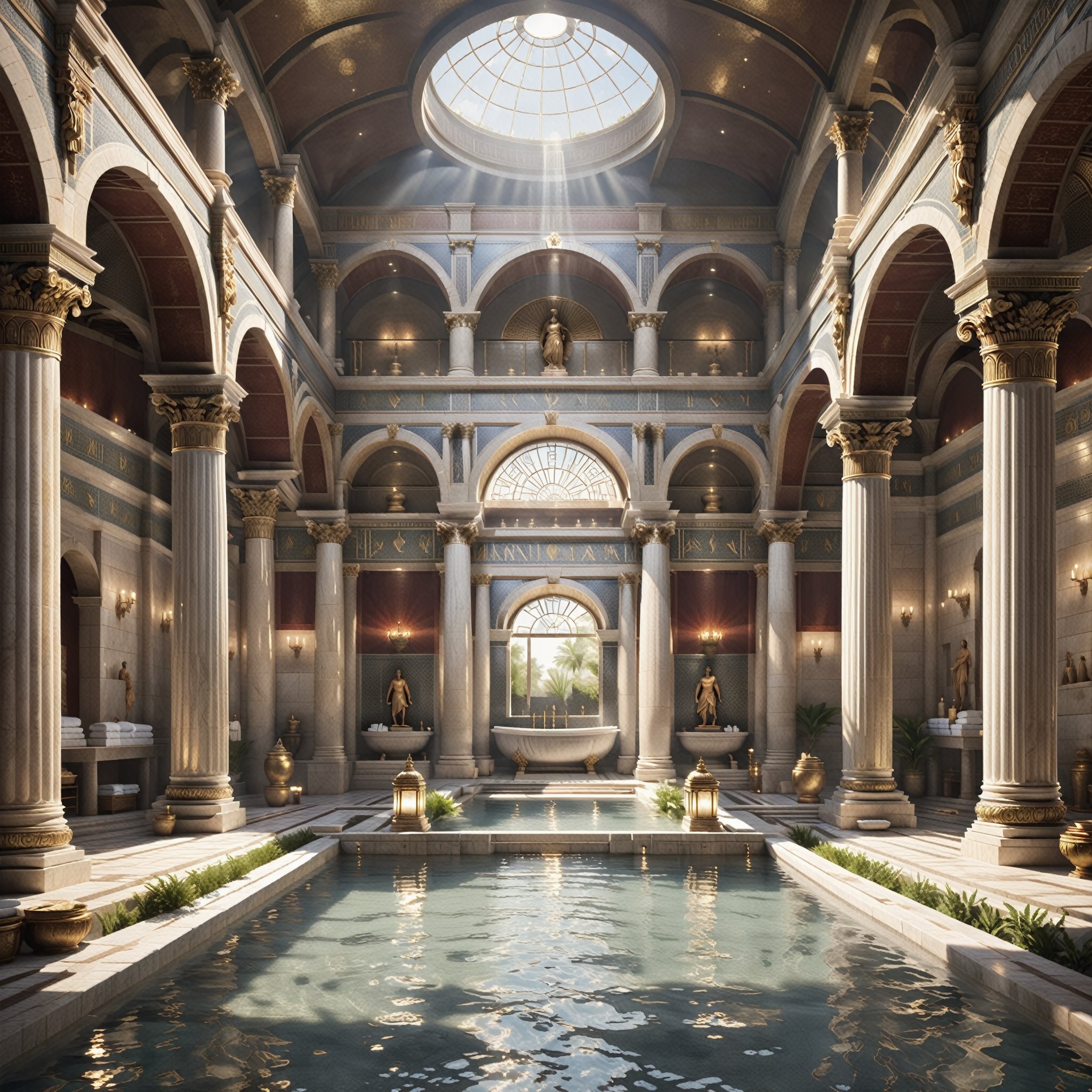 {In this hyper-realistic depiction of a Roman bathhouse, the scene unfolds with unparalleled attention to detail. The architecture of the bathhouse is faithfully recreated, with intricately designed marble columns, mosaic-tiled floors, and statues of Roman deities adorning the interior. The play of light and shadow on the walls and water creates an atmosphere of serene opulence.} ((As you step into the bathhouse, you'll witness a tableau of ancient Roman life. Citizens from various walks of life are immersed in the various pools, their bodies rendered with remarkable realism. You can see the glistening water droplets on their skin as they enjoy the soothing warmth of the baths. Some engage in animated conversations, while others appear lost in contemplation, truly bringing the scene to life.))
{Servants in authentic Roman attire move through the bathhouse, offering refreshments and tending to the needs of the bathers. The sounds of splashing water, laughter, and hushed conversations transport you to a world where relaxation and communal bathing are an essential part of daily life. The natural light filters through the clerestory windows, casting dappled reflections on the water's surface. The air is filled with the soothing aroma of fragrant oils and herbs used in the bathing rituals. Every element in this hyper-realistic Roman bathhouse, from the architecture to the people and their activities, is crafted with such precision that you can almost step into this ancient sanctuary and experience the past with unparalleled realism}

((Picture prefect, Nikon D850 Nikon AF-S NIKKOR 24-70mm f/2.8E ED VR)), (Cutting-Edge 8K Octane Realism, Precision and Realism Unleashed, Meticulous Realism in Every Detail, Hyperrealism Taken to the Next Level, The Pinnacle of Realistic Fine Points, Unmatched 8K Realistic Clarity, Crafted with Realism in Cinema 4D, Exemplary Realism on Behance HD, Realism Brought to Life with Unreal Engine 5, Realism Rendered in Blender's Mastery, A Portal to Realistic Sci-Fi, Future Realism at Its Best, Realism That's Turning Heads on Artstation, An Epic Realism Depiction, Immersive Realistic Cinematic Backdrop, Captivating Realistic Drama, An Atmosphere of Scientific Realism, A Realism Masterpiece Beyond Compare, Uncompromising Excellence in Realism),cutegirlmix,FilmGirl,p3rfect boobs