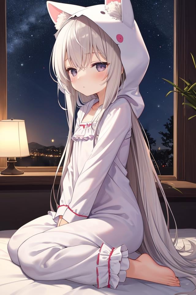 Loli, solo focus, full body, sitting, dynamic angle, white hair, flat chest, frilled, 3yo, brown hair, long hair, night, starry sky, dark, sleepy, want to sleep, animal ears hood, A young girl in pajamas holding a large stuffed animal, with a shy expression on her face, in a bedroom setting, The composition should exude a blend of sensuality and innocence, The background should be visually captivating, 