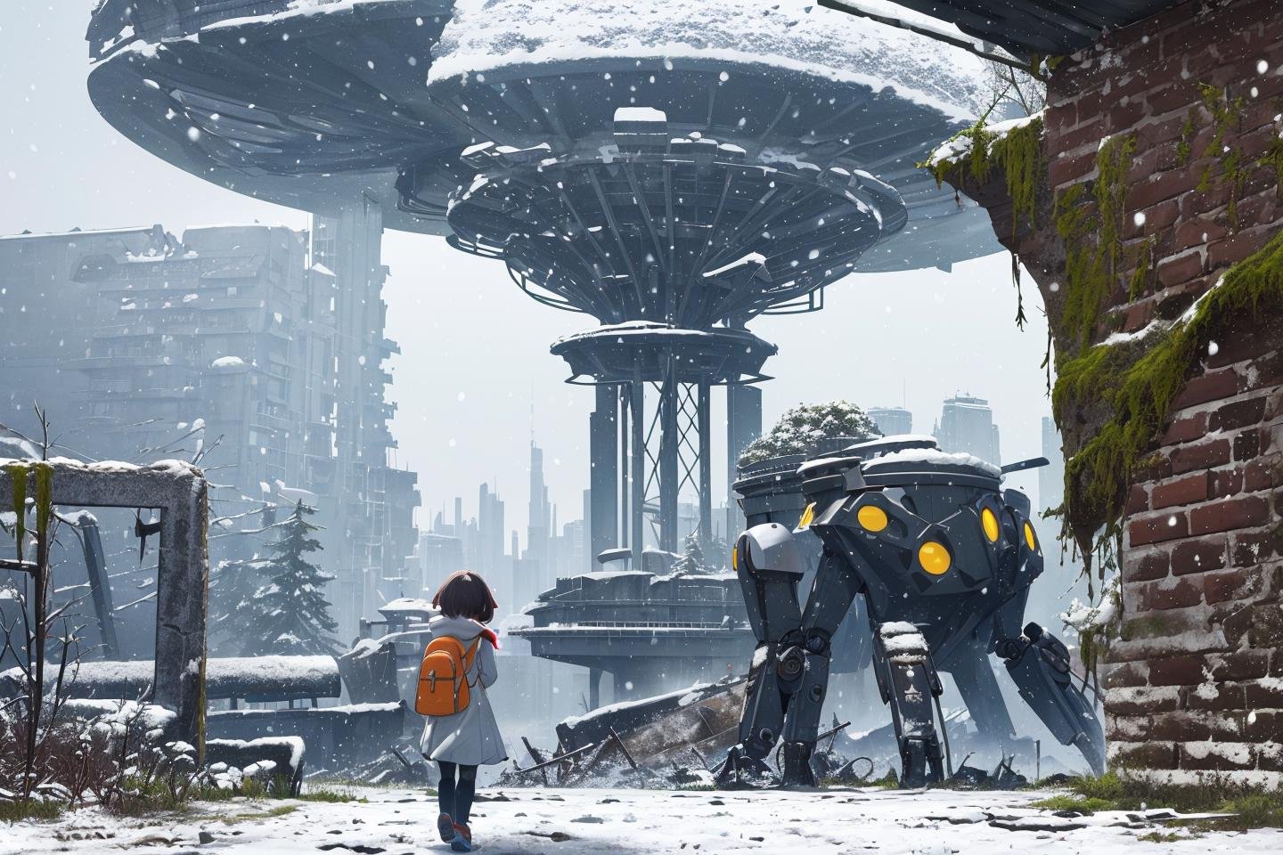 pokemon (creature),building, snow, ((ruins)), moss,robot, outdoors, standing, poster (medium), walking, scenery, science fiction, snowing, back view, detailed background,little girl,loli,wide shot, 