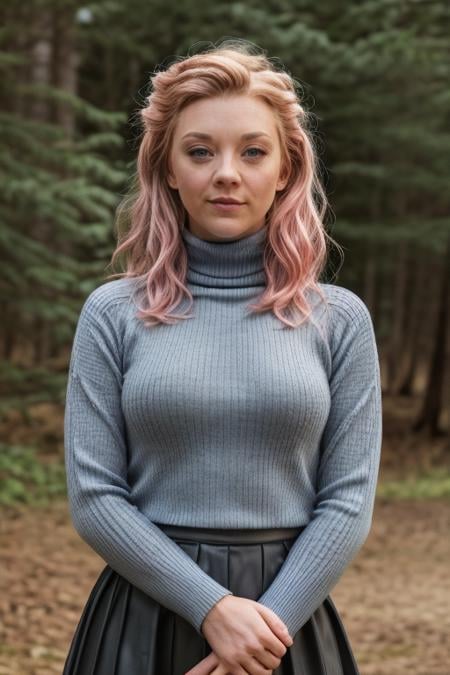 (portrait photo) of (ntdr woman:1.0), interested , wearing (blue turtleneck:1.1), (busty:1.1), (pink hair) , outdoors background       <lora:NataliaDormerDogu2:1>