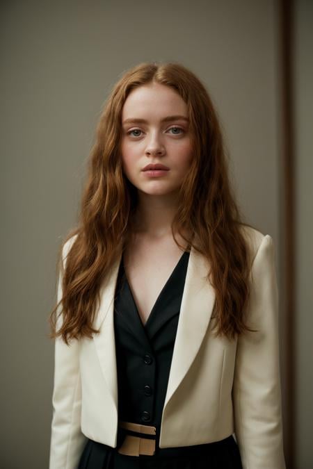 (sdsx woman:1),  wearing Tuxedo jacket and tailored trousers, epic character composition, sharp focus, natural lighting, subsurface scattering, f2, 35mm, film grain, , by Tim Walker, low contrast<lora:SadieSinkDogu:1>