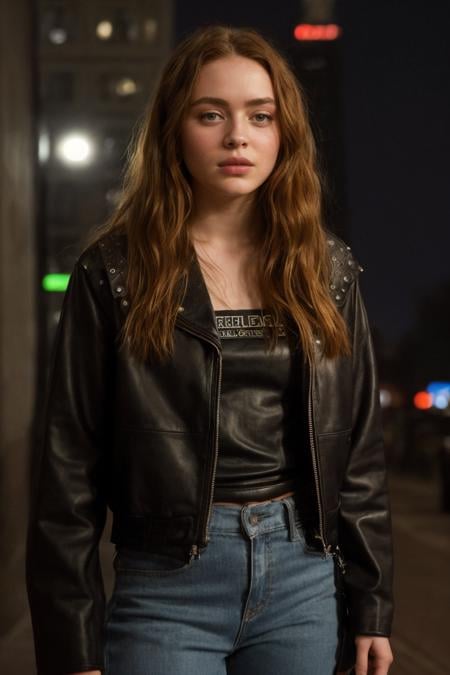 (sdsx woman:1),   as a beautiful female model, georgia fowler, beautiful face, with short dark brown hair, in cyberpunk city at night. She is wearing a leather jacket, black jeans, dramatic lighting, (police badge)<lora:SadieSinkDogu:1>