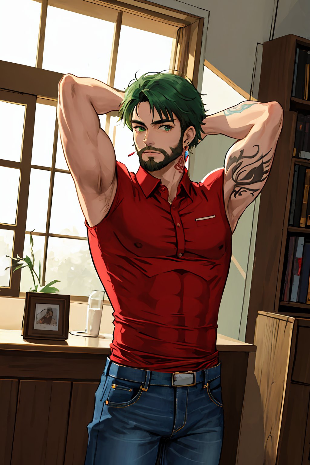 (best quality:1.2), (hyper detailed), 

(masterpiece, best quality:1.2), (absurdres, highres, ultra-detailed), (perfect anatomy), best illustration, 25d Style, solo, looking at viewer, shirt, 1boy, jewelry, green eyes, male focus, earrings, green hair, collared shirt, pants, indoors, blurry, arms up, book, plaid, tattoo, muscular, facial hair, pectorals, denim, muscular male, red shirt, bara, beard, jeans, mature male, arm tattoo, partially unbuttoned, plaid shirt, 2k resolution