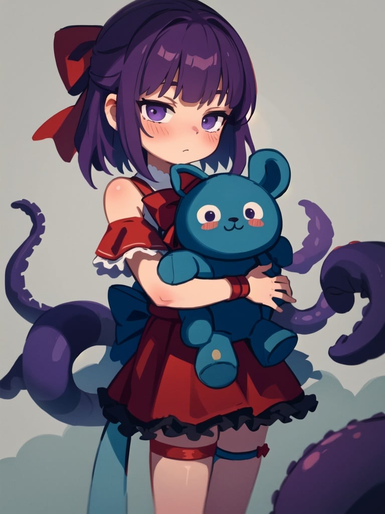 highres,detailed,best quality,masterpiece,illustration,1girl, solo, short hair, purple hair, blush, red bow, hair bow, dress, holding stuffed toy, purple tentacles under clothes, thigh strap, purple tentacles,