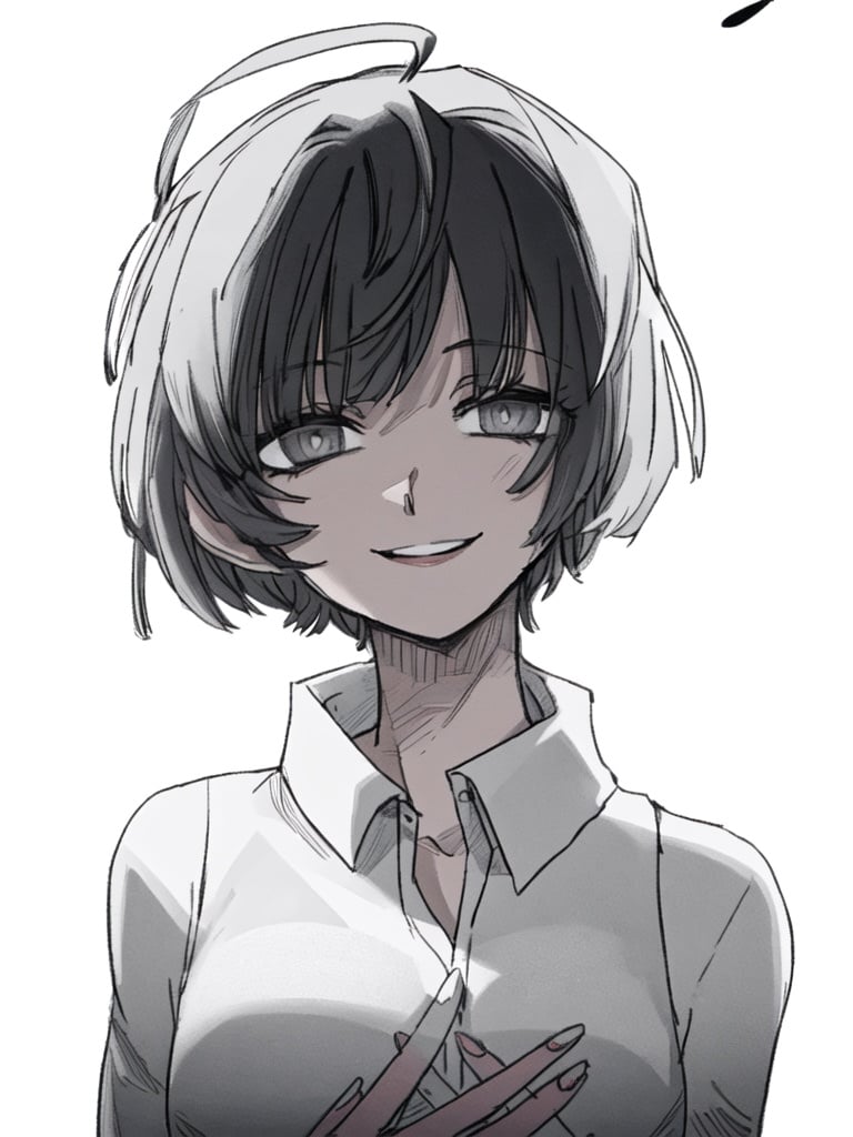 best quality,llustration,1girl, upper body, solo, smile, ahoge, grey eyes, short hair, eyebrows visible through hair, bangs, looking at viewer, white shirt, shirt, greyscale, monochrome, simple background, white background,<lora:Helltaker:0.5>