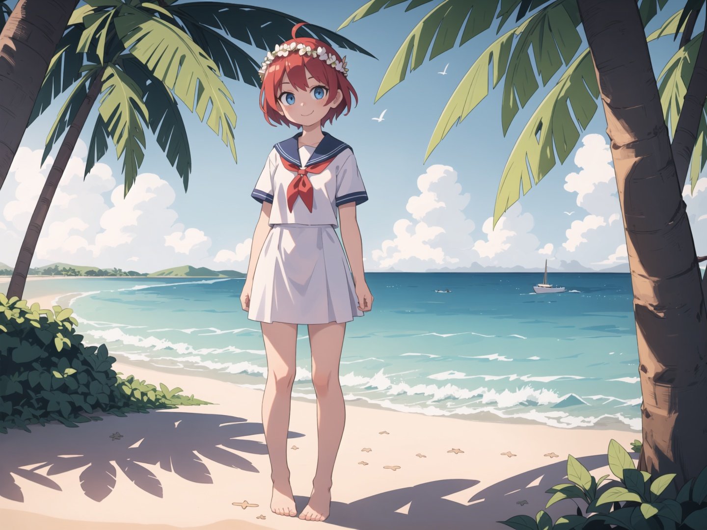 highres,best quality,masterpiece,illustration,wallpaper,panorama,(medium shot),close shot,dynamic angle,(outdoors),(1girl),(clear girl focus:1.2),solo,young,standing,(full body:1.2),smile,looking at viewer,blue eyes,(red hair),head wreath,ahoge, short hair,(serafuku),Bare feet, (reality ray tracing),(ambient light),frontlight,sidelight,(twilight:1.3),(intense shadows),sunbeam,(dappled sunlight),strong rim light,(sunlight filtering through trees),in summer,(horizon),(sunset),coconut tree,(ocean background ),(beach background),the breeze blew,(beautiful landscape:1.2),(dim),seashell,starfish,seabird