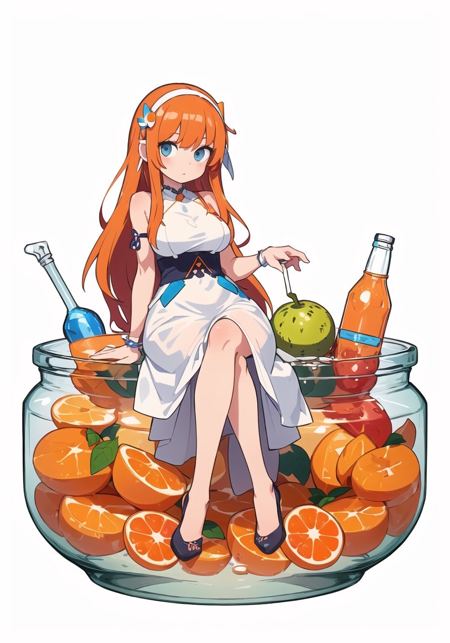 (white background:1.45),(transparent background:1.3)(an extremely delicate and beautiful girl inside of glass jar:1.2), (glass jar:1.35),(solo:1.2), (full body), (beautiful detailed eyes, beautiful detailed face:1.3), (sitting ), (very long silky hair, float white hair:1.15), (medium_breasts, tally and skinny:1.2), (Colorful dress:1.3), (extremely detailed lace:0.3), (insanely detailed frills:0.3),(hairband , orange hair_ornament:1.25),(bottle filled with orange water,bottle filled with Fanta:1.25), (many fruits in jar, many Sliced_fruits in jar:1.25), (many bubbles:1.25),