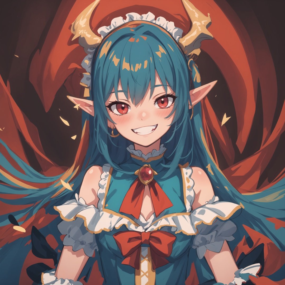 best quality,llustration,nia teppelin,1girl, elf, upper body, pointy ears, solo, looking at viewer, blush, long hair, bangs, red eyes, grin, smile, blue hair, red bow, earrings, jewelry, dress, off shoulder