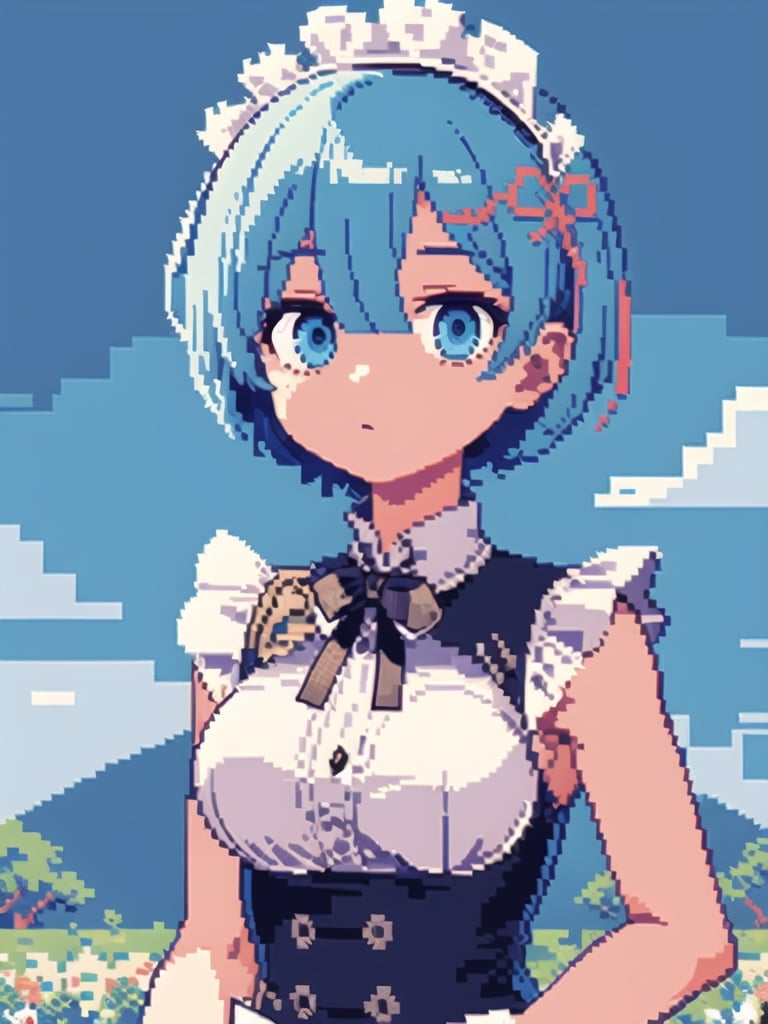 (pixel art:1.4),Rem\(re zero kara hajrmeru isekai seikatsu\),Maid service, blue hair, short hair(upper body),blue sky, white cloud