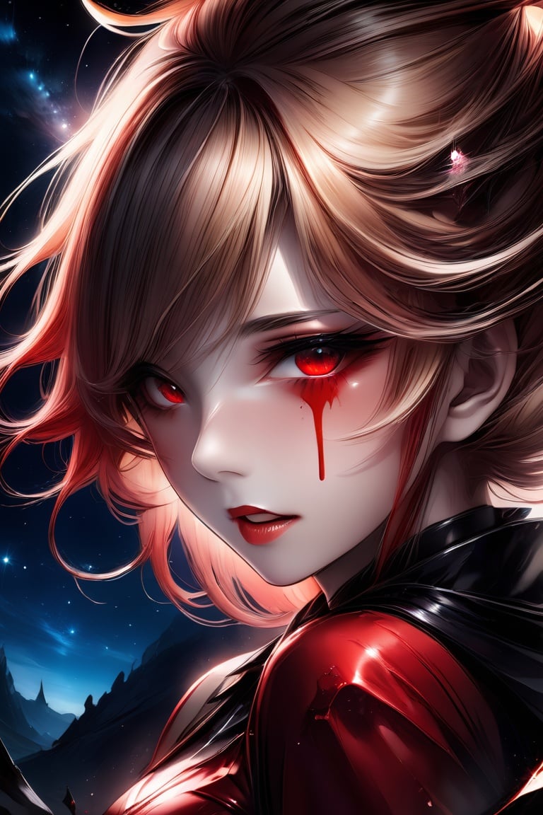  Anime style, a girl with blonde hair and a red dress,Exaggerated and terrifying makeup, bleeding from the corners of the mouth,Pointy nails,A fierce expression,Face close-up,Starry sky in the eyes, anhei