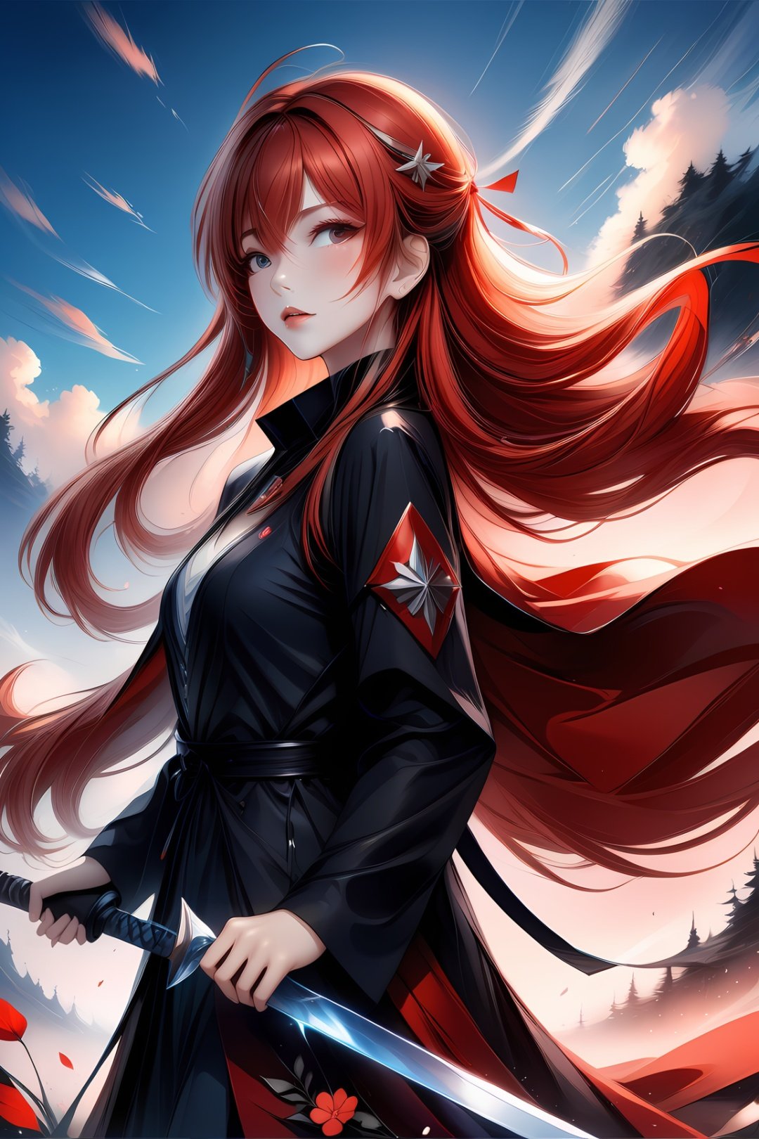  Anime style,a woman with long red hair and a sword in her hand, with a blue sky background and flowers,full_body