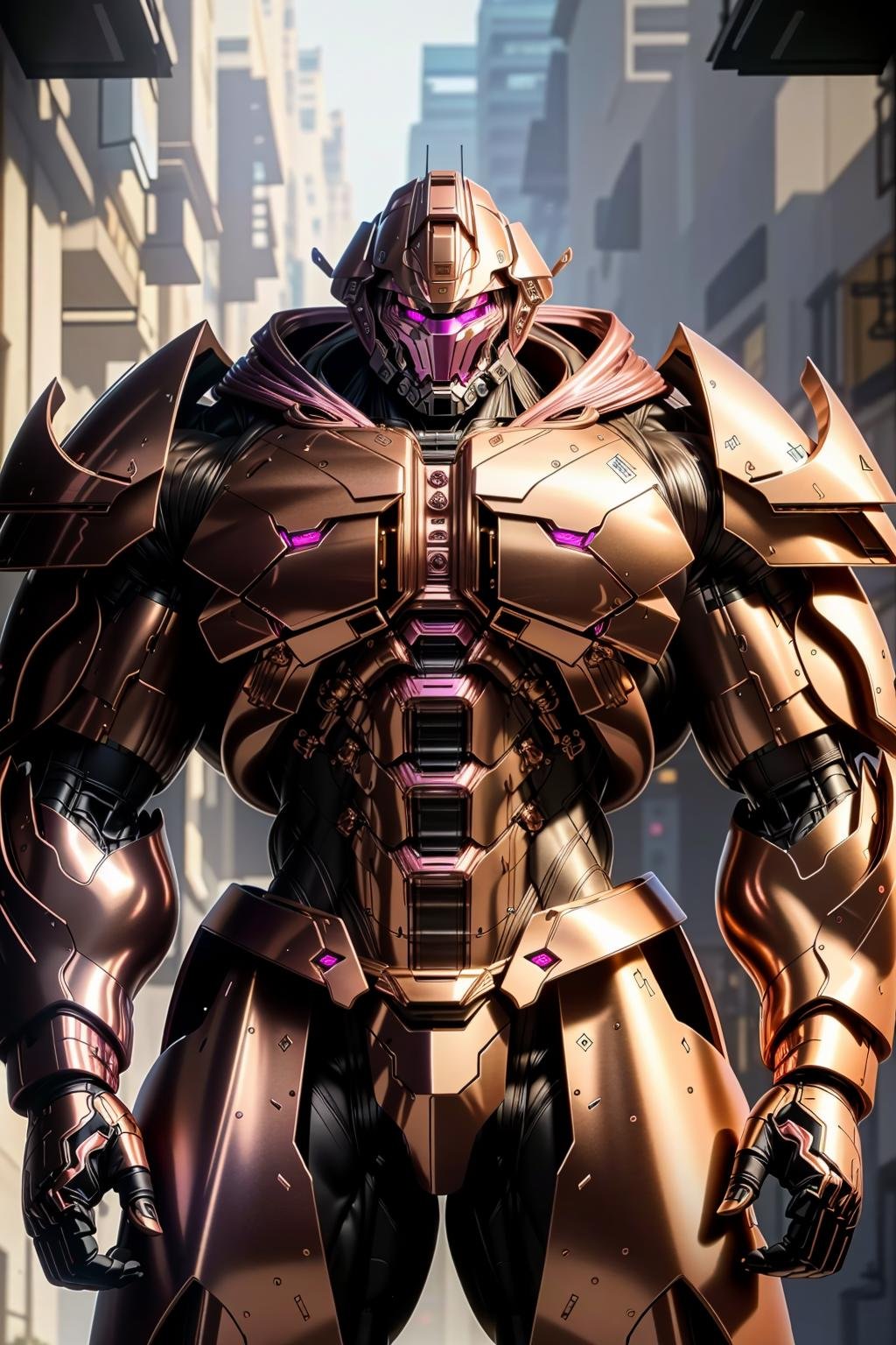 <lora:zzmckzz_v1:1>masterpiece, highly detailed photorealistic 8k raw photo, volumetric lighting and shadows, best quality pink metallic mecha robot, glowing texture, (bodybuilder pose showing his muscles:1.2)clear and defined Alphonse Mucha background