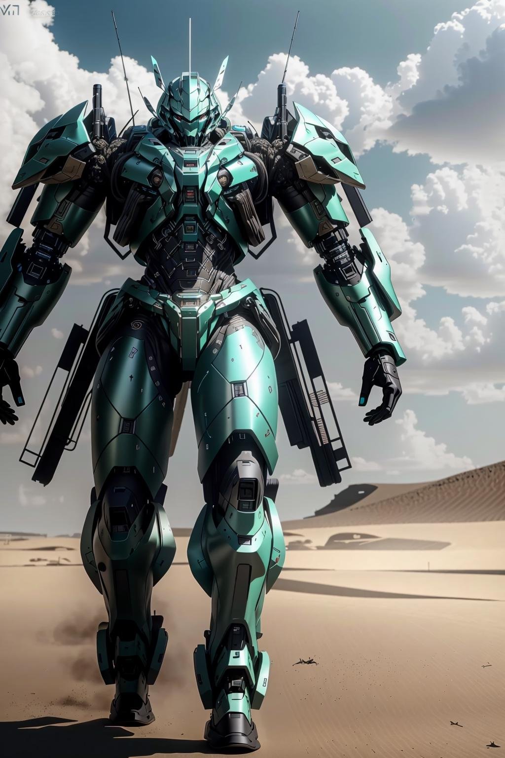 <lora:zzmckzz_v1:1>masterpiece, highly detailed photorealistic 8k raw photo, volumetric lighting and shadows, best quality teal metallic mecha, glowing texture, (Walking as if on hot sand:1.2)clear and defined war background