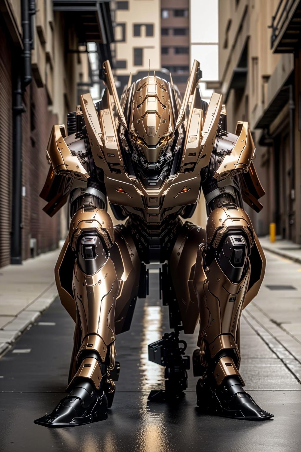 <lora:zzmckzz_v1:1>masterpiece, highly detailed photorealistic 8k raw photo, volumetric lighting and shadows, best quality brown metallic mecha, glowing texture, (Leaning forward with one hand on the knee:1.2)clear and defined alleyway background