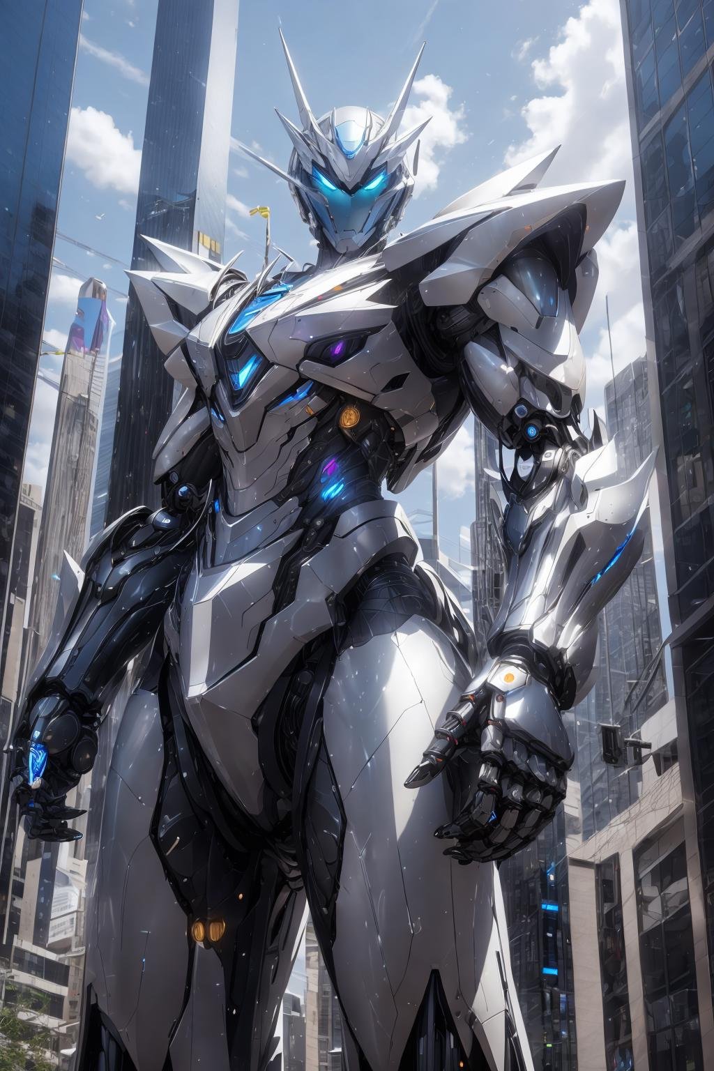 <lora:LoHa_SuperMekV1:0.7>masterpiece, highly detailed photorealistic 8k raw photo, best cinematic quality, volumetric lighting and shadows, robotic shiny and reflective Sapphire Blue sprmk, Futuristic Cityscape background, giant weapons on both hands