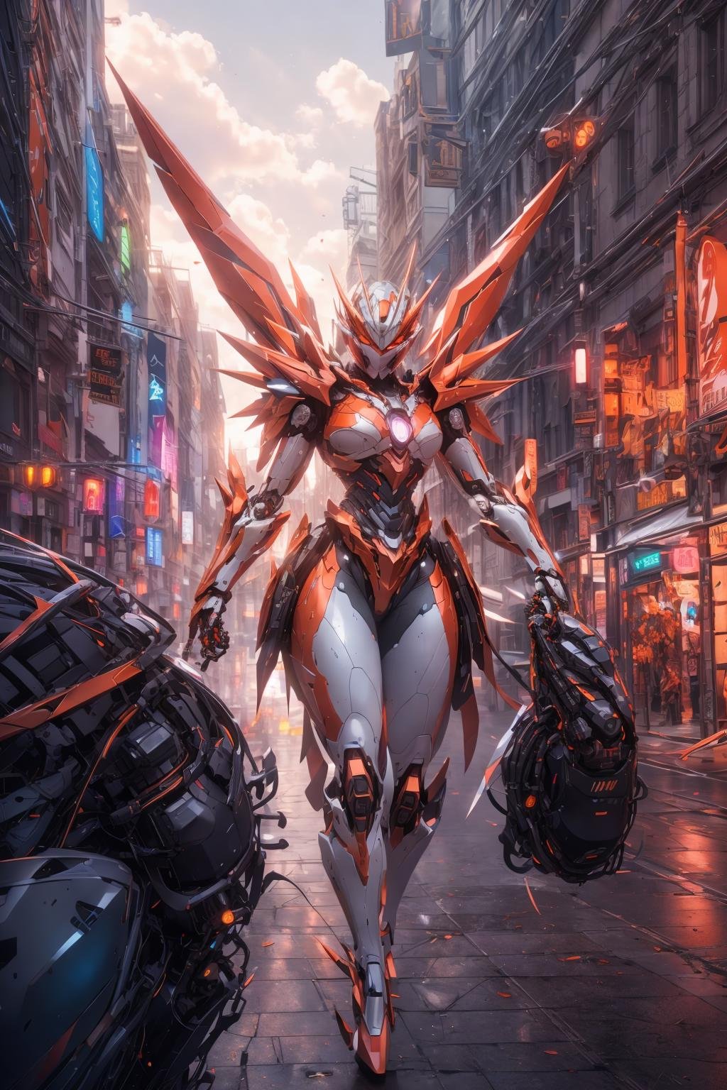 <lora:LoHa_SuperMekV1:0.7>masterpiece, highly detailed photorealistic 8k raw photo, best cinematic quality, volumetric lighting and shadows, glowing and reflective Monarch Orange robotic sprmk, Futuristic Cityscape background, giant weapons on both hands