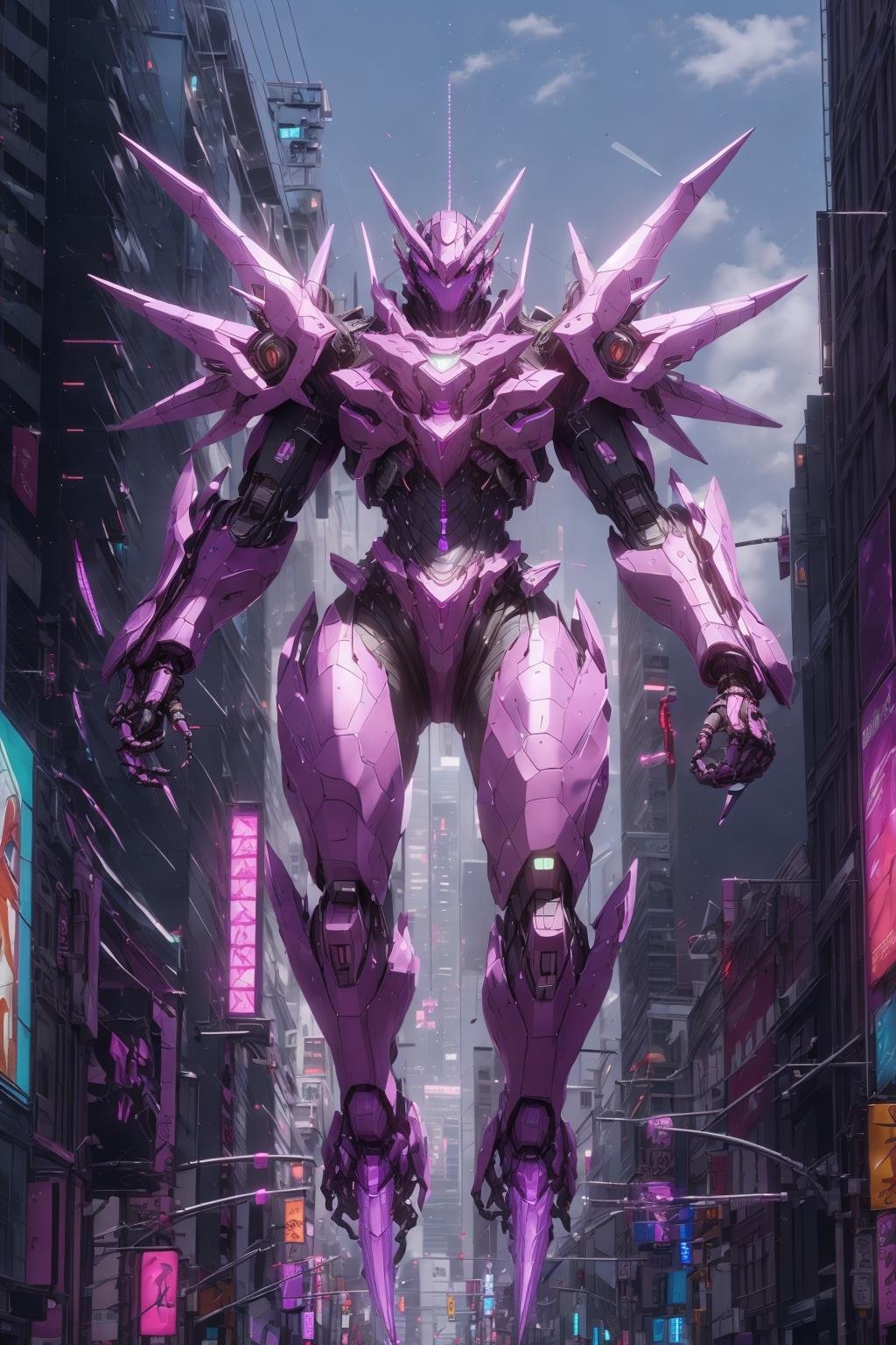 <lora:LoHa_SuperMekV1:0.7>masterpiece, highly detailed photorealistic 8k raw photo, best cinematic quality, volumetric lighting and shadows, glowing and reflective Light Zerg Purple robotic sprmk, Futuristic Cityscape background, giant weapons on both hands