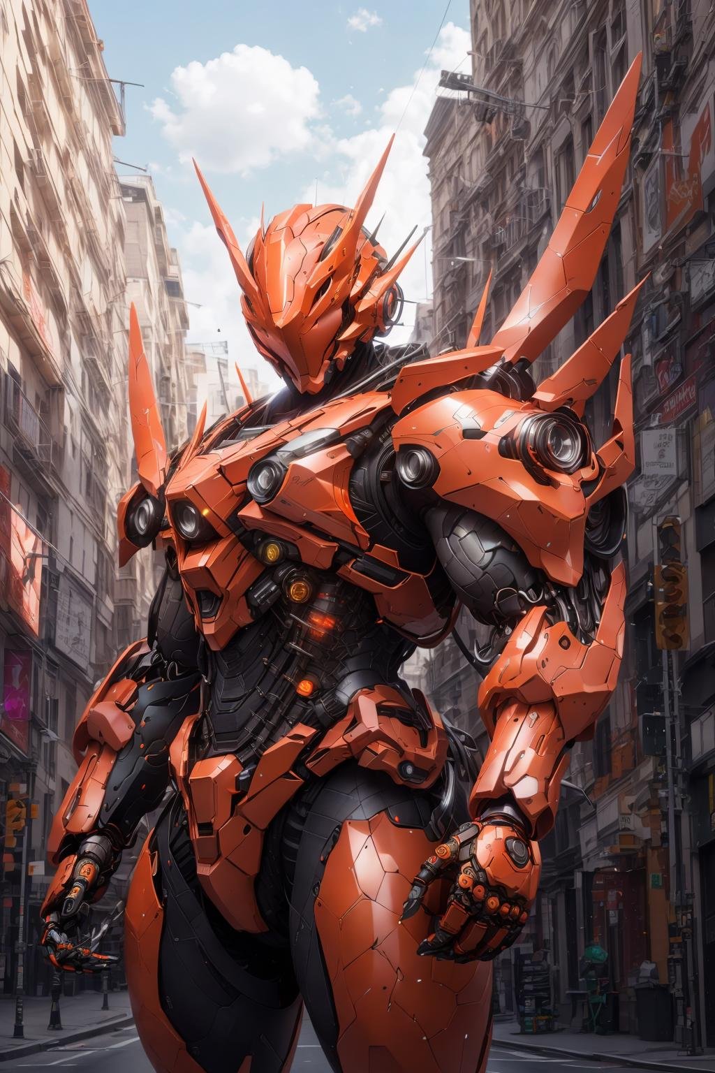 <lora:LoHa_SuperMekV1:0.7>masterpiece, highly detailed photorealistic 8k raw photo, best cinematic quality, volumetric lighting and shadows, glowing and reflective Hunter Blaze Orange robotic sprmk, Futuristic Cityscape background, giant weapons on both hands