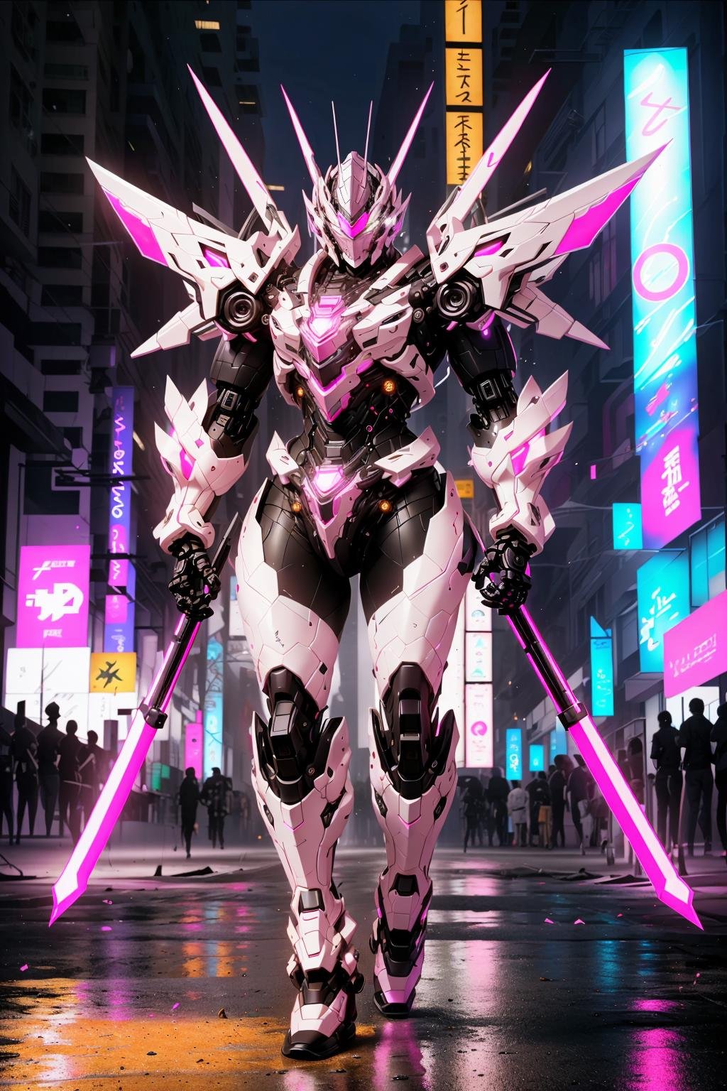 <lora:LoHa_SuperMekV1:0.7>masterpiece, highly detailed photorealistic 8k raw photo, best cinematic quality, volumetric lighting and shadows, robotic shiny and reflective Silvery Pink sprmk, Futuristic Cityscape background, giant weapons on both hands