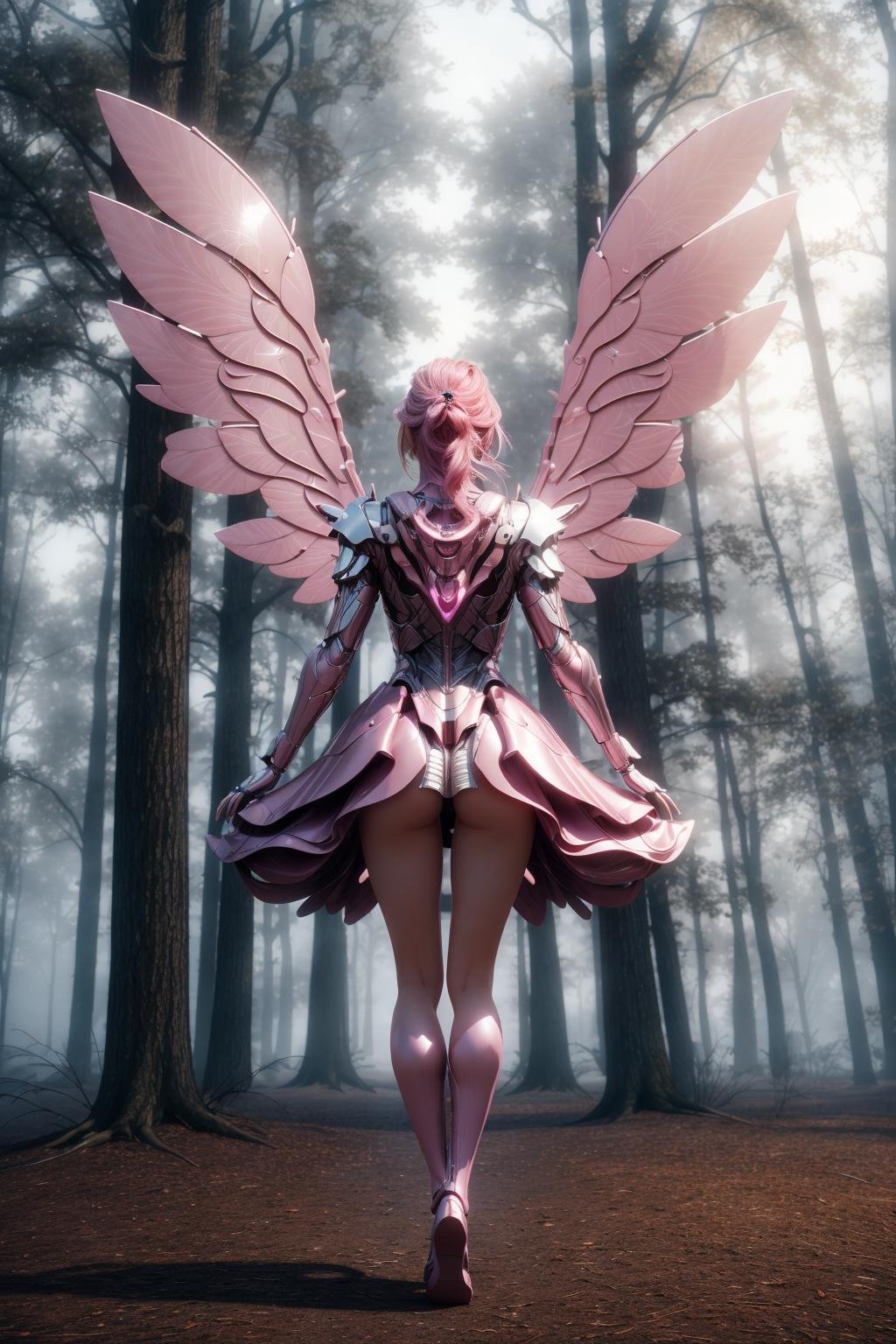 <lora:hadesarmorv6.4:0.7>masterpiece, highly detailed photorealistic 8k raw photography, best cinematic quality, volumetric lighting, volumetric shadows1girl in reflective Pearl Pink zzmckzz, full body, powerful constitution, symmetrical metal wings, Jumping with knees pulled up, Point-of-view shot, A haunted forest, where twisted trees and fog create an ominous atmosphere