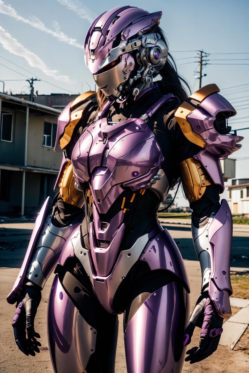 <lora:hadesarmorv6.4:0.9>masterpiece, highly detailed photorealistic 8k raw photography, best cinematic quality, volumetric lighting, volumetric shadows1girl in reflective Lilac full wsprmr armor, mecha helmet A creepy, rundown motel in the middle of nowhere, with flickering neon signs