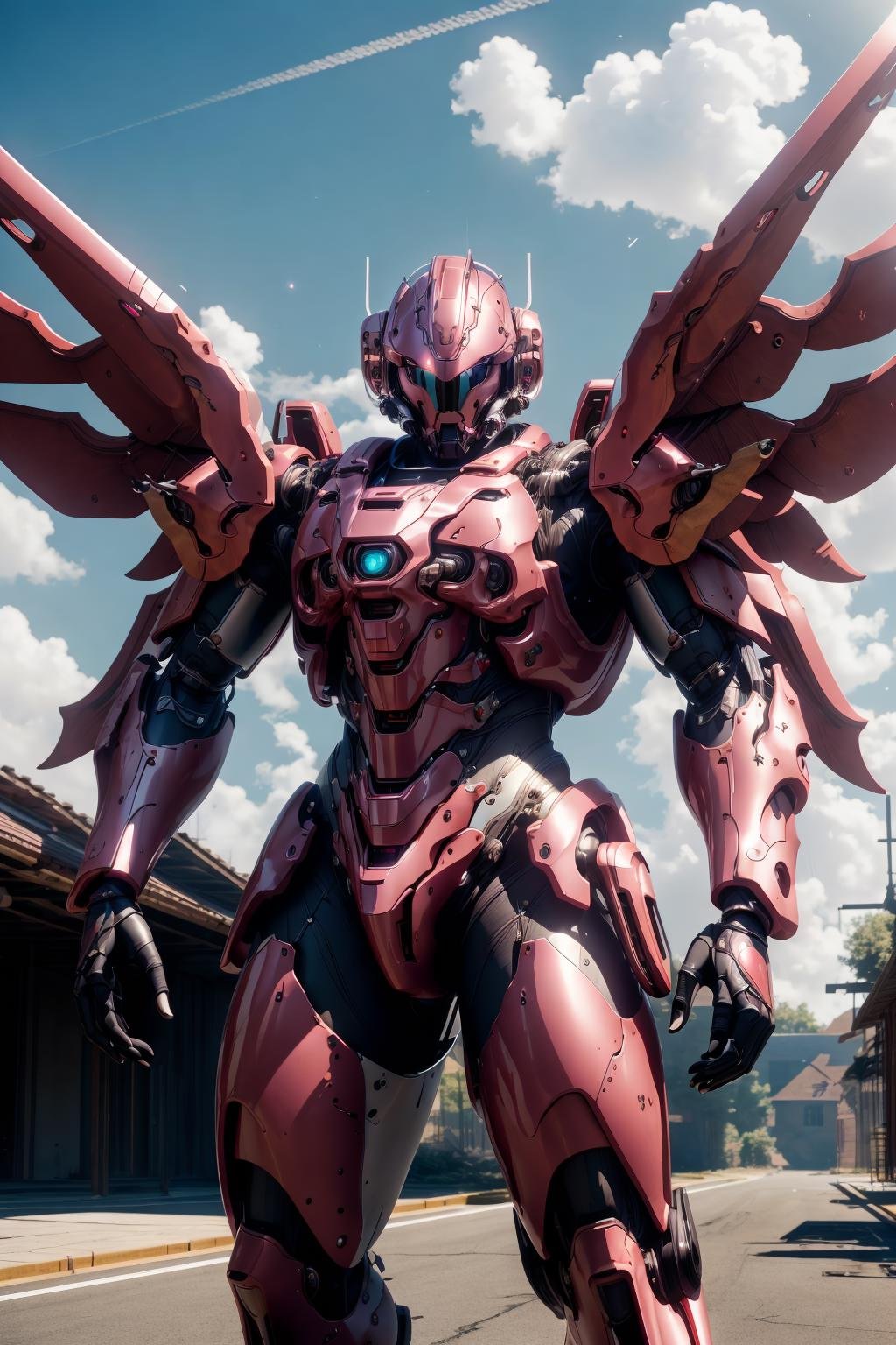 <lora:hadesarmorv6.4:0.9>masterpiece, highly detailed photorealistic 8k raw photography, best cinematic quality, volumetric lighting, volumetric shadowsa man in reflective Rosy Pink full wsprmr armor, mecha helmet, full body, powerful constitution, symmetrical metal wings, Cowboy shot, A dilapidated, haunted house with creaking floors and whispers in the wind