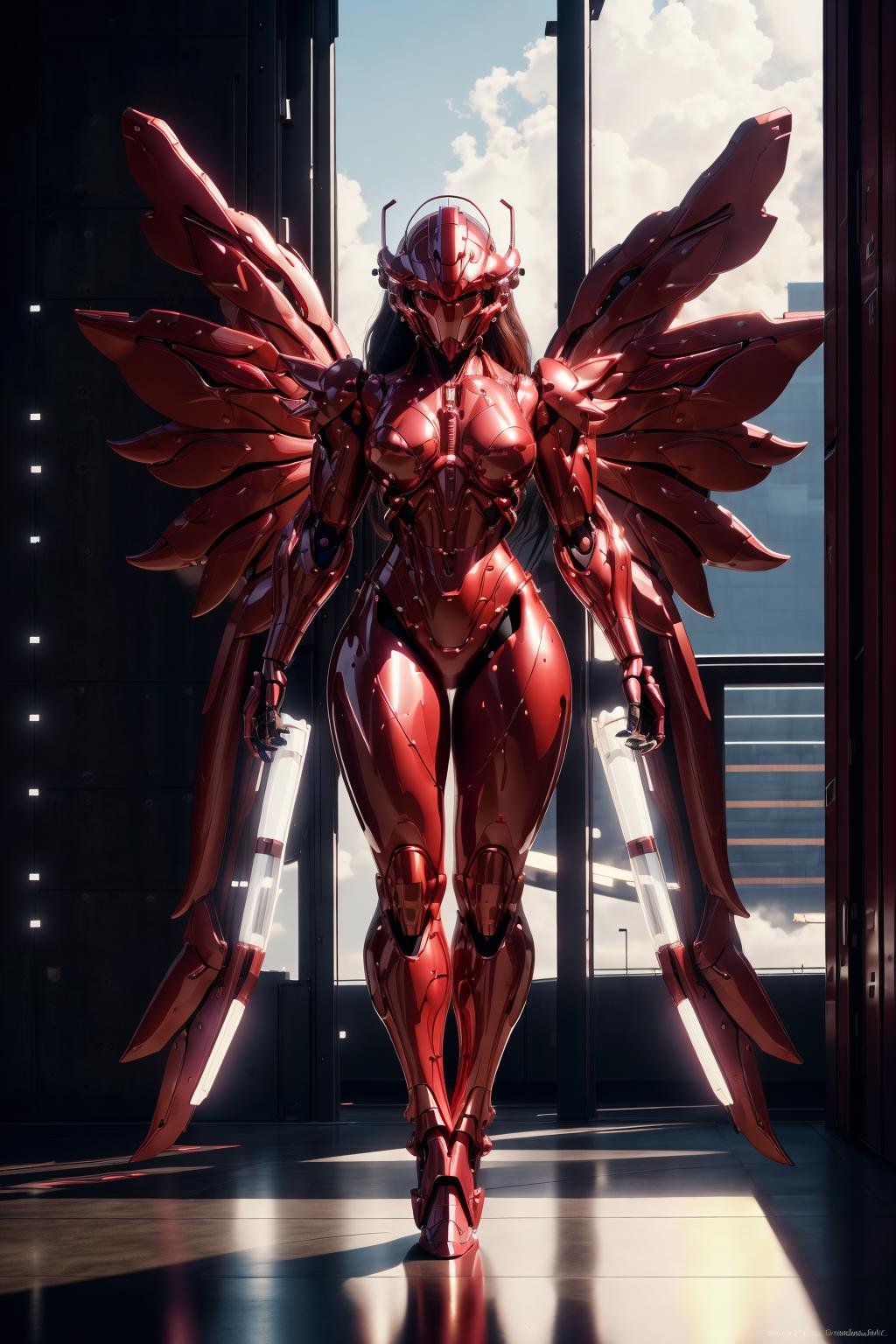 <lora:hadesarmorv6.4:1>masterpiece, highly detailed photorealistic 8k raw photography, best cinematic quality, volumetric lighting, volumetric shadows1girl in reflective Ruby Red zzmckzz, full body, bodybuilder powerful constitution, mecha helmet, symmetrical metal wings, Balancing on tiptoes, macro shot, A secret underground chamber, illuminated only by candlelight