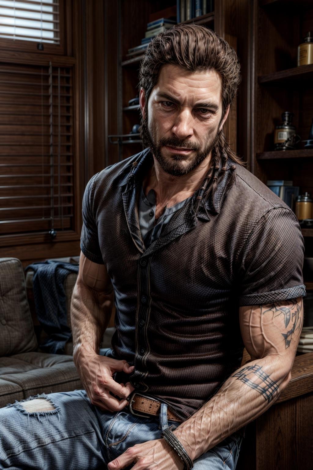 douglas_reed,  mature man,  beard,  brown hair,  very muscular,  (((collared shirt))),  short sleeves,  jeans,  living room,  arrogant smile,  looking at you,  daylight, <lora:EMS-1495-EMS:0.800000>, , <lora:EMS-179-EMS:0.800000>, , <lora:EMS-71564-EMS:0.650000>