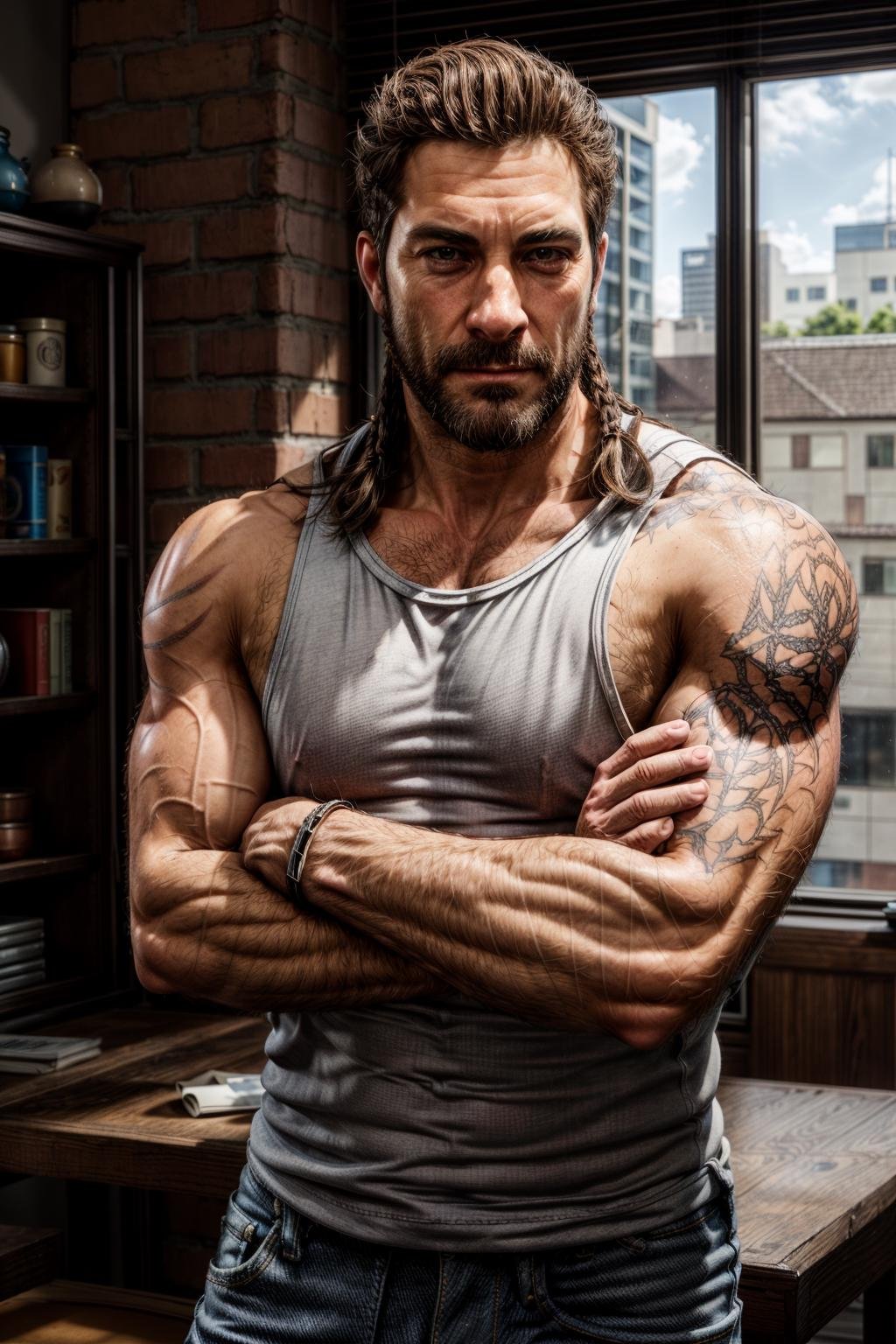 douglas_reed,  mature man,  beard,  brown hair,  very muscular,  big biceps,  large shoulders,  big pectorals,  strong arms,  crossed arms,  (((tank top)),  short sleeves,  jeans,  living room,  arrogant smile,  looking at you,  daylight, <lora:EMS-1495-EMS:0.800000>, , <lora:EMS-179-EMS:0.800000>, , <lora:EMS-71564-EMS:0.550000>