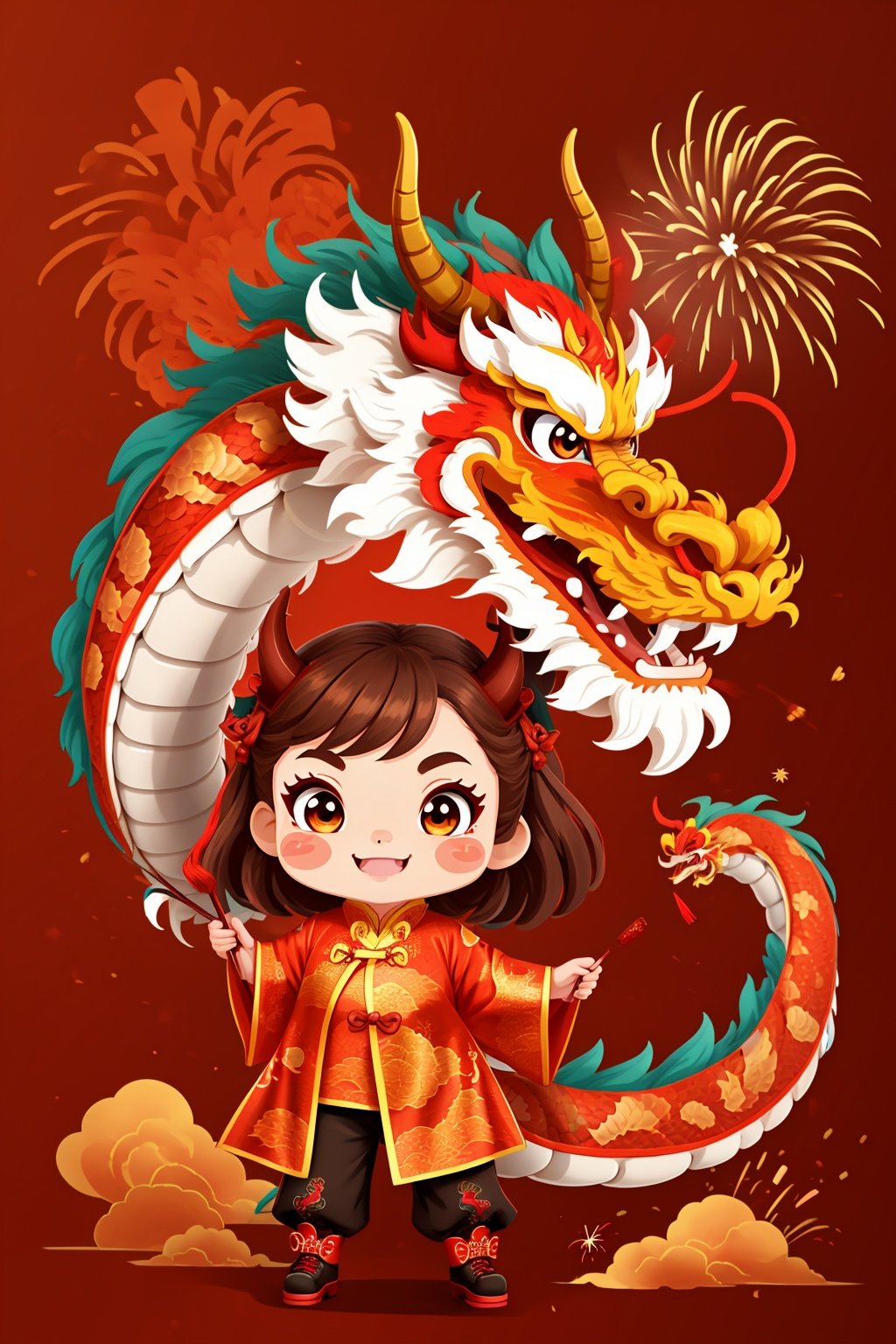 Chinese Dragon, red background, 1girl, blush stickers, chinese clothes, smile, brown hair, horns, red theme, tail, Firecrackers, Fireworks, Spring Festival, UHD, best quality, 16k