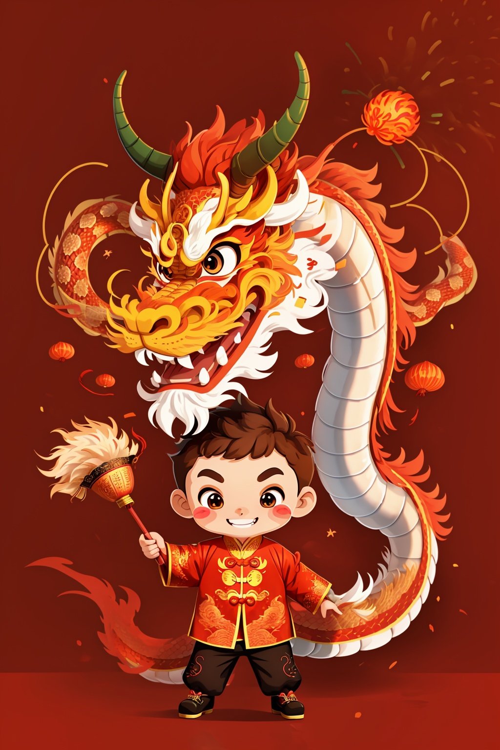 Chinese Dragon, red background, 1boy, blush stickers, chinese clothes, smile, brown hair, horns, red theme, tail, Firecrackers, Fireworks, Spring Festival