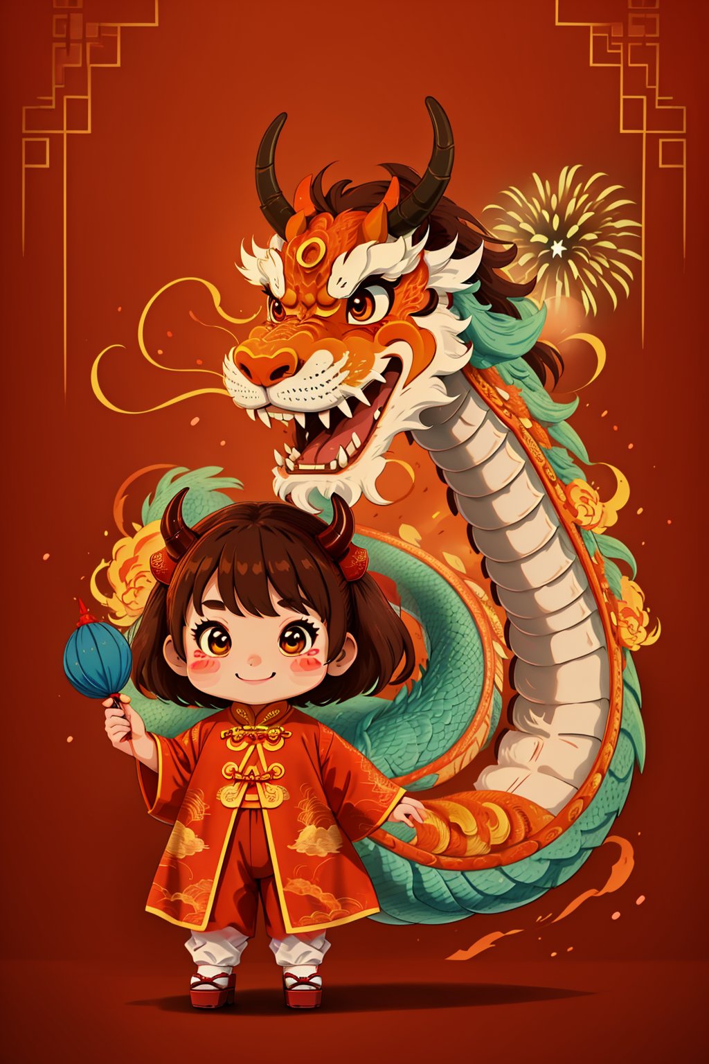  Chinese Dragon, red background, 1girl, blush stickers, chinese clothes, smile, brown hair, horns, red theme, tail, Firecrackers, Fireworks, Spring Festival, UHD, best quality, 16k