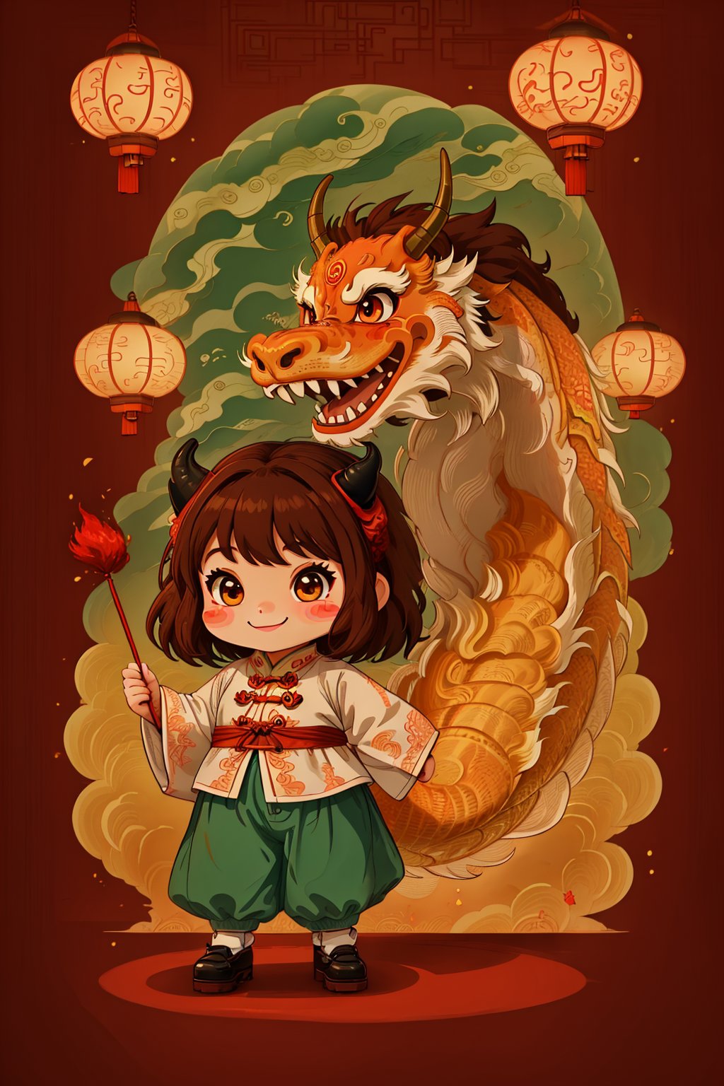  Chinese Dragon, red background, 1girl, blush stickers, chinese clothes, smile, brown hair, horns, red theme, tail, Firecrackers, Fireworks, Spring Festival, UHD, best quality, 16k