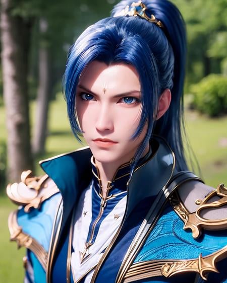 1boy, 1boy, armor, black hair, blue eyes, blurry, blurry background, closed mouth, depth of field, long hair, looking at viewer, male focus, outdoors, ponytail, solo, tree, upper body