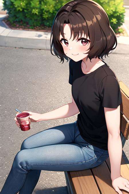 masterpiece, best quality, <lora:sasaki_rika:0.7> sasaki_rika, 1girl, solo, brown hair, brown eyes, short hair, smile, blush, black shirt, short sleeves, jeans, sitting, park bench, park, outdoors, looking at viewer, from above, 