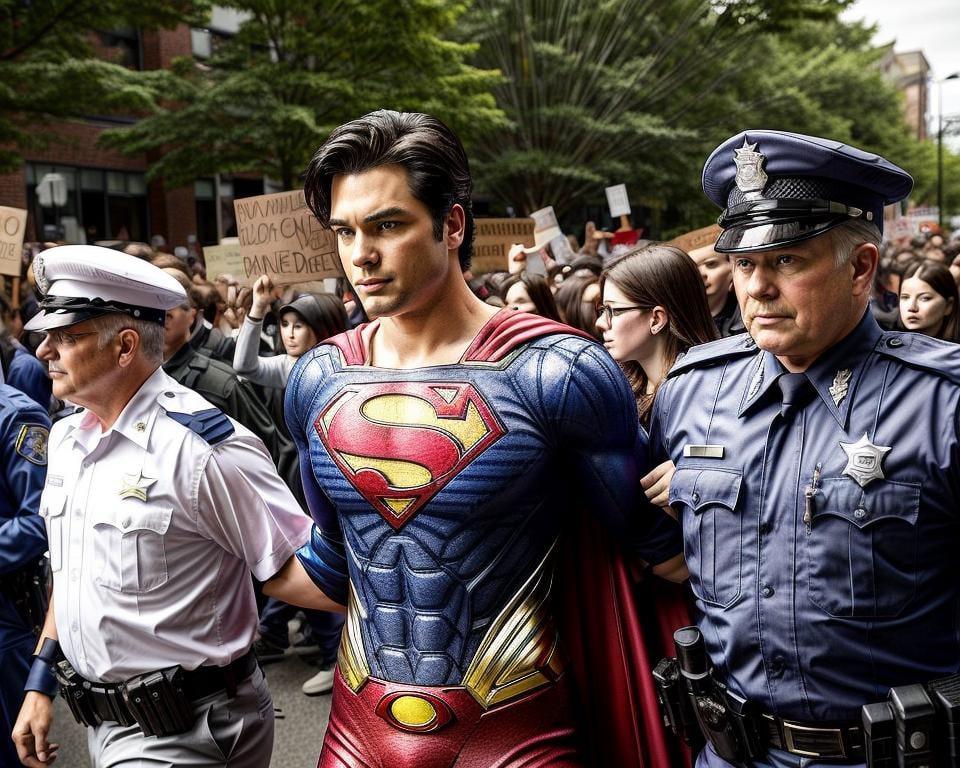 (handcuffed) Superman, escorted by two cops at protest, crowd in background <lora:arrested:0.6>