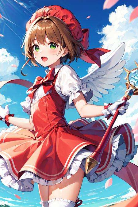 masterpiece, best quality, highres, kinomoto sakura, 1girl, brown hair, short hair, antenna hair, red headwear, green eyes, frills, red dress, puffy short sleeves, white gloves, red bow, white thighhighs, wings, <lora:kinomoto_sakura_v1:0.7>, fly, sky, holding staff, wand, fuuin no tsue, open mouth, bound, petals, cowboy shot