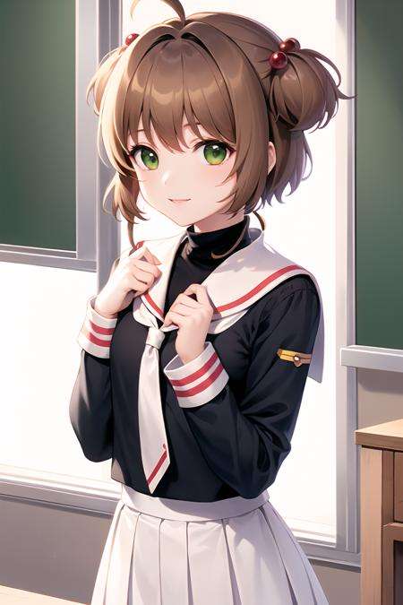 <lora:Character_KinomotoSakura_h_madoka_v1:1>,kinomoto sakura, 1girl, brown hair, short hair, antenna hair, two side up, hair bobbles, green eyes, school uniform, white sailor collar, black shirt, long sleeves, white skirt, pleated skirt,light smile,hands on own chest,classroom,(best quality), ((masterpiece)), (highres), original, extremely detailed wallpaper,shiny, chromatic aberration abuse, detailed background, vivid color, (highly ultra detailed face and hair and skin and eyes and finger and cloth and background and hair:1.2),