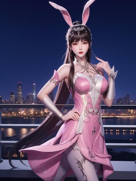 DLDLxiaowu, 1girl,solo, rabbit ears, pink dress, long hair, brown hair, hair ornament, ponytail, metal collar,pantyhose,wrist cuffs,looking at viewer,<lora:DLDLxiaowu:0.75>,mature female, cityscape, night, hand on hip,upper body, 