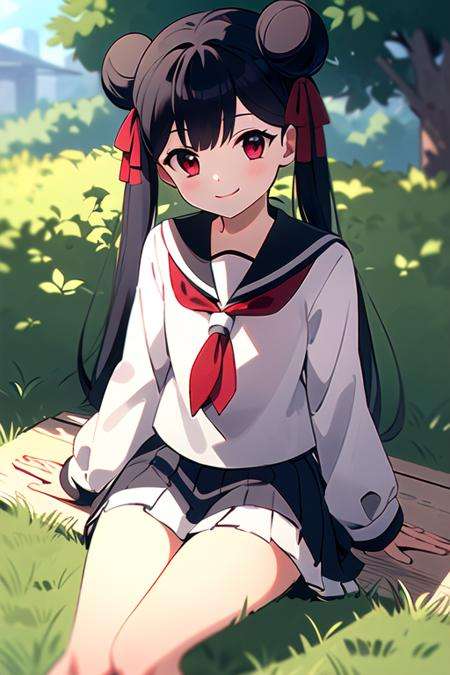 masterpiece, best quality, <lora:meiling_scc:0.7> meiling_scc, 1girl, solo, long hair, black hair, looking at viewer, smile, bangs, red eyes, twintails, hair ribbon, double bun, outdoors, sitting, on grass, serafuku, pleated skirt, white skirt, black jacket, long sleeves, sunlight, flat chest, 