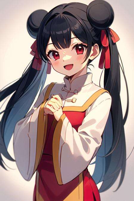 masterpiece, best quality, <lora:meiling_scc:0.7> meiling_scc, 1girl, solo, long hair, black hair, looking at viewer, smile, open mouth, bangs, red eyes, twintails, hair ribbon, double bun, red dress, white dress,  chinese clothes, long sleeves, wide sleeves, jingle bell