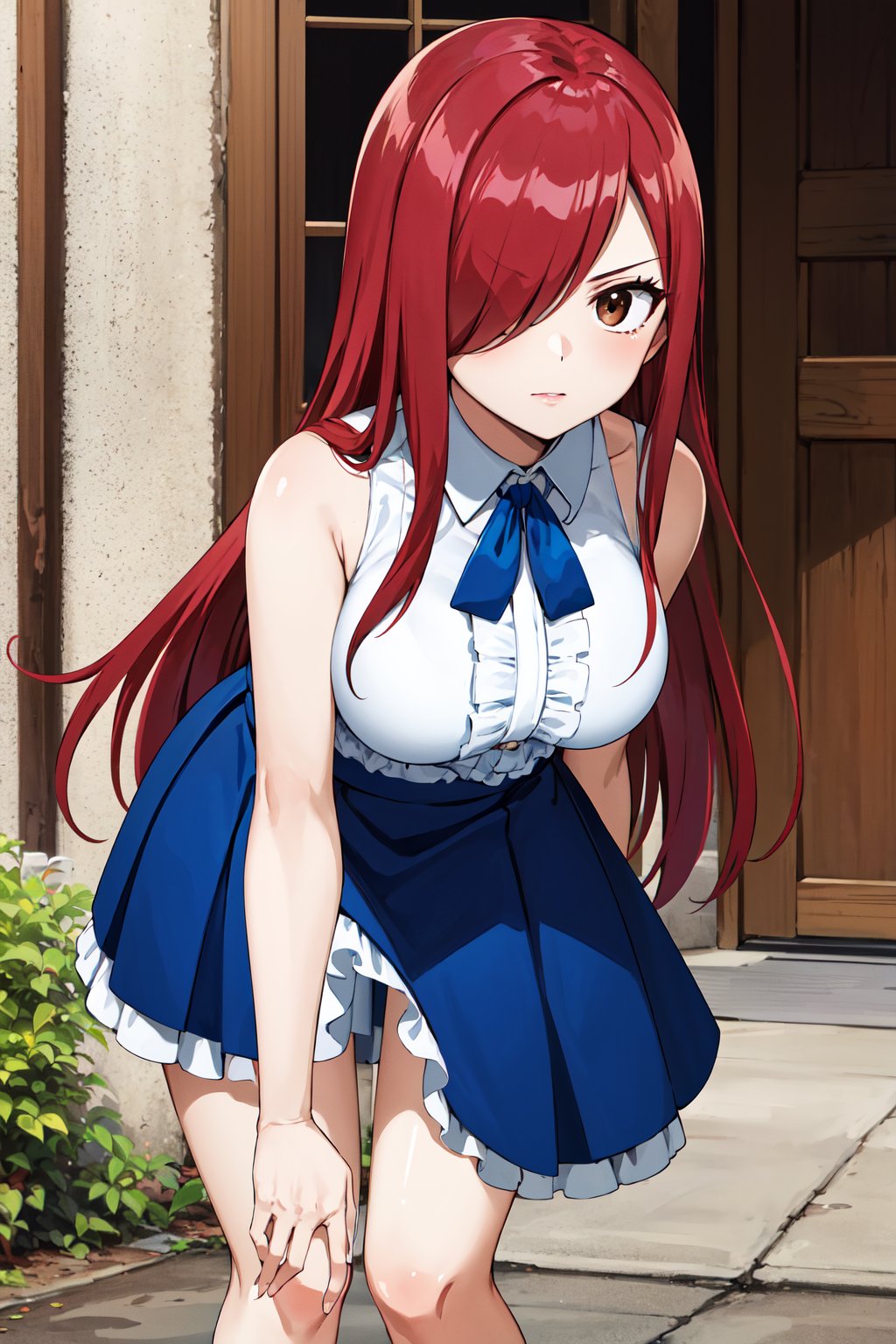 masterpiece, best quality, highres, fairy tail, 1girl, long hair, red hair, brown eyes, neck ribbon, bare shoulders, white shirt, sleeveless, center frills, blue skirt, hair over one eye, <lora:erza_v1:0.8>, town, leaning forward, hand on own knee, standing