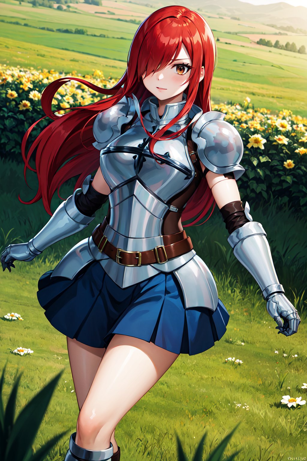 masterpiece, best quality, highres, fairy tail, 1girl, long hair, red hair, brown eyes, armor, shoulder armor, gauntlets, breastplate, armored dress, belt, pleated skirt, blue skirt, hair over one eye, <lora:erza_v1:0.8>, field, grass, standing, cowboy shot